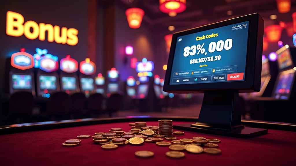 Dark casino scene with promo banners, chips, and a bonus code cashier screen