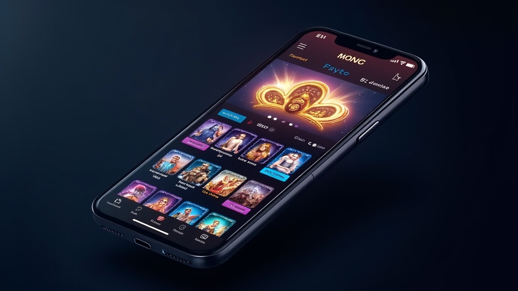 Mobile casino app interface with glowing menu tiles and account icons
