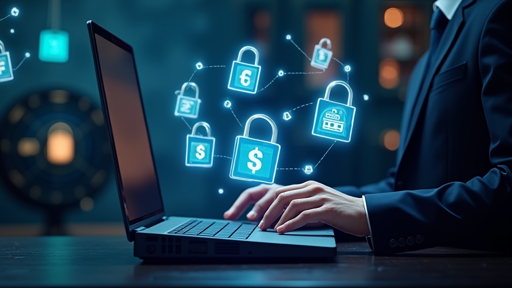 Secure casino payment terminal with currency symbols and encryption visuals
