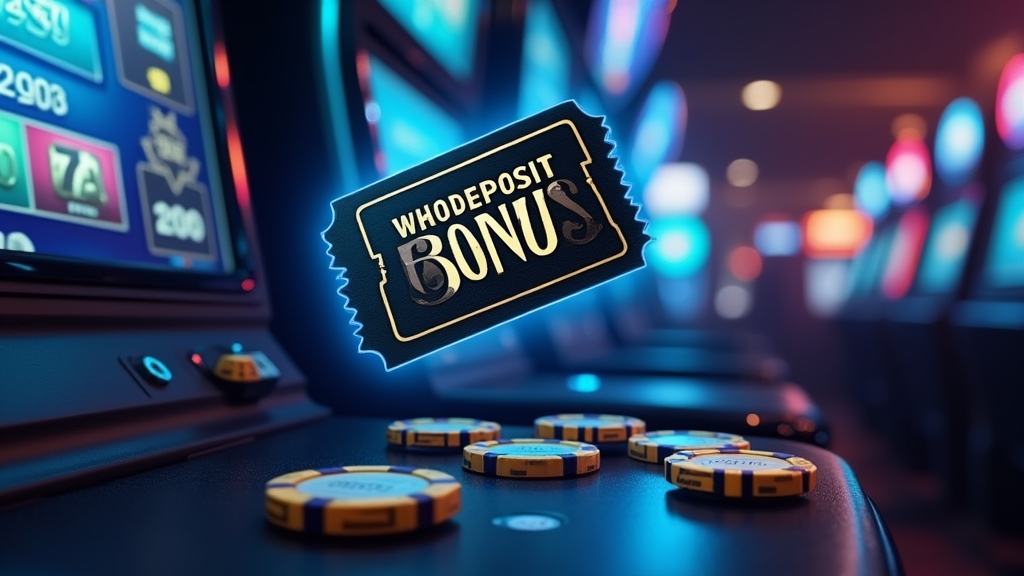 No-deposit bonus ticket hovering above casino slots and chips